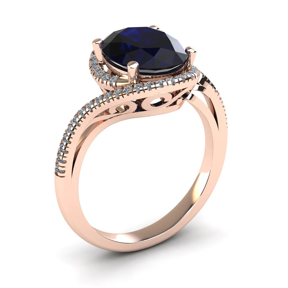 1 3/4 Carat Oval Shape Sapphire And Halo Diamond Ring In 14 Karat Rose Gold