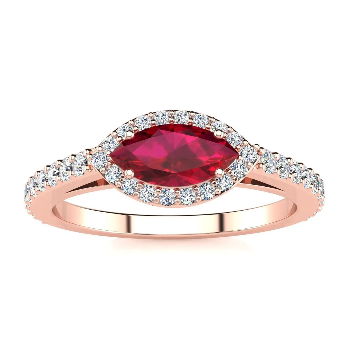 1 Carat Marquise Shape Ruby And Halo Diamond Ring In 14 Karat Rose Gold