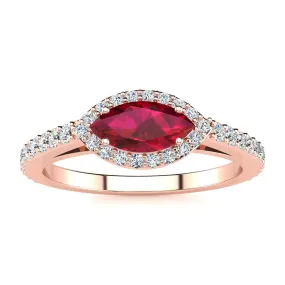 1 Carat Marquise Shape Ruby And Halo Diamond Ring In 14 Karat Rose Gold