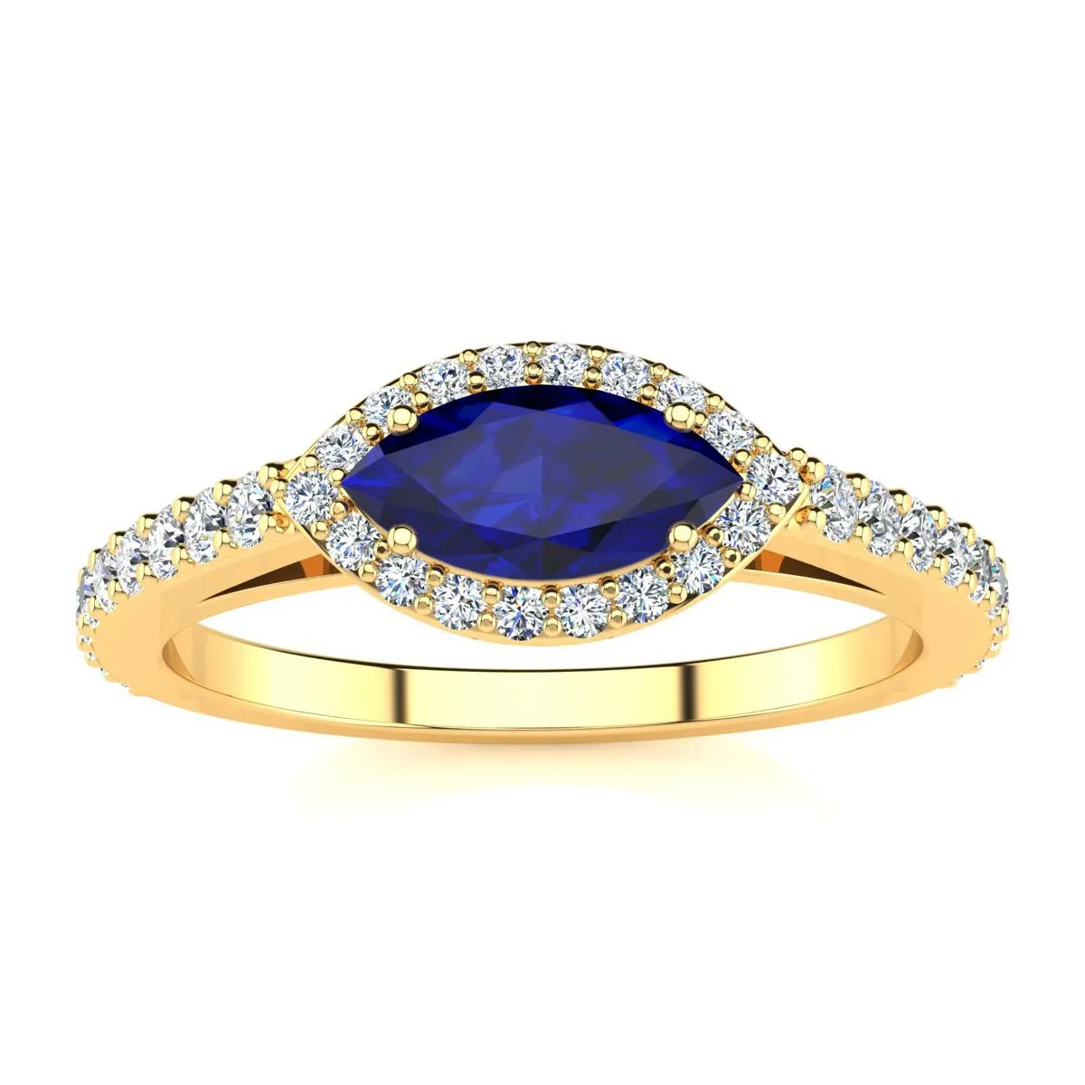 1 Carat Marquise Shape Sapphire And Halo Diamond Ring In 14 Karat Yellow Gold