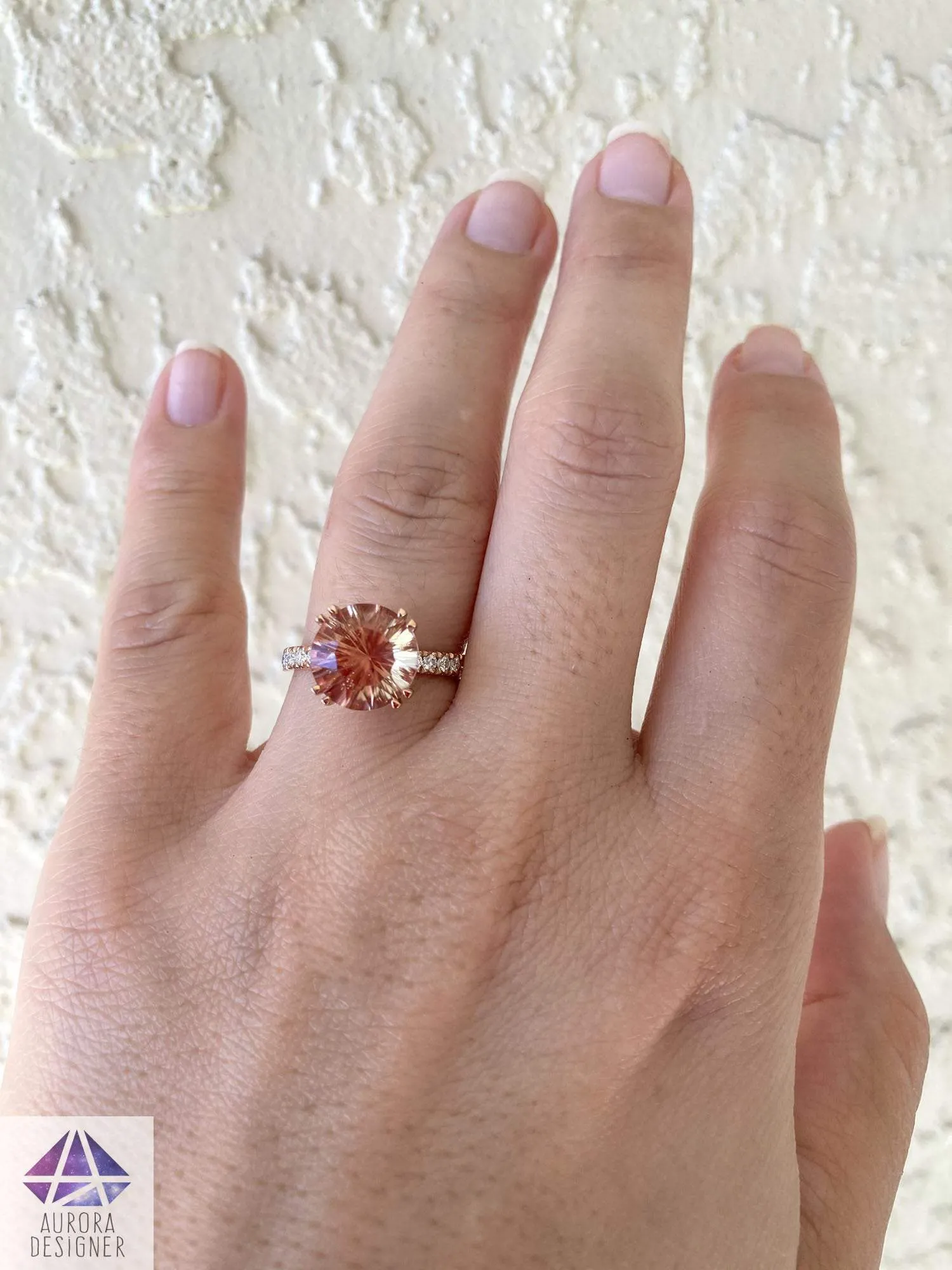 3.09ct Oregon Sunstone Engagement Ring 14K Rose Gold Half Eternity Moissanite Pave Red AD1827-2