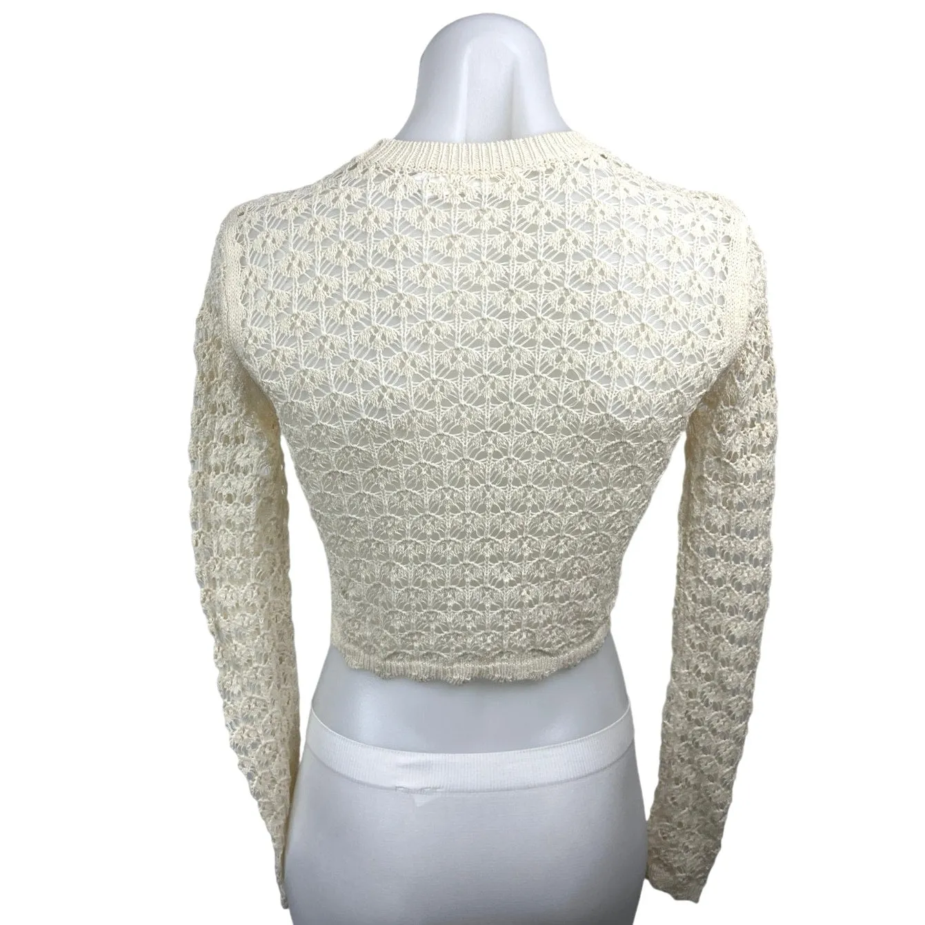 ASTR Cream Crochet Knitted High Neck Long Sleeve Pullover Crop Sweater Top XS