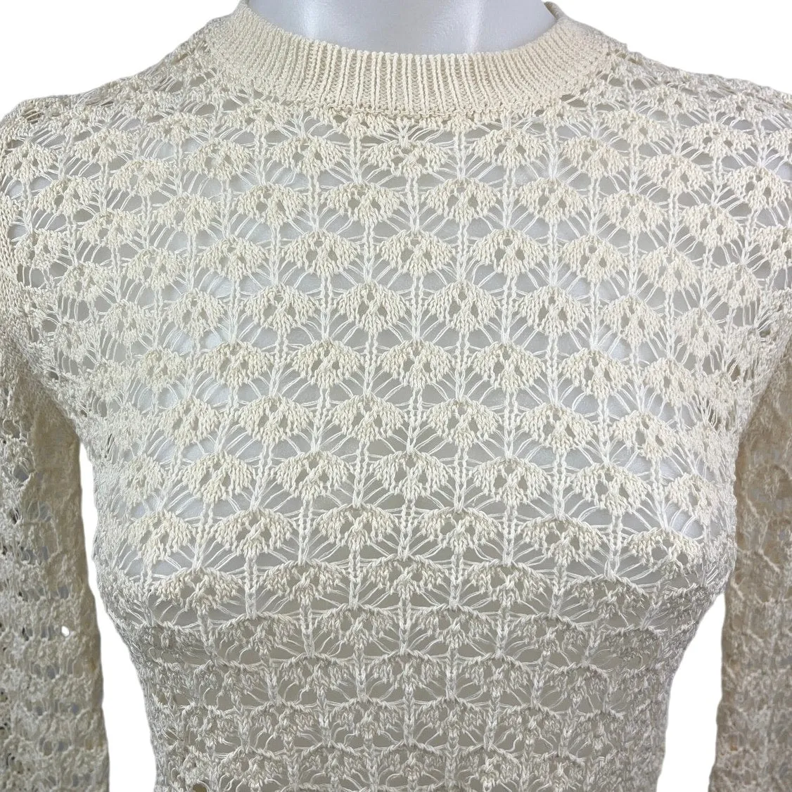 ASTR Cream Crochet Knitted High Neck Long Sleeve Pullover Crop Sweater Top XS