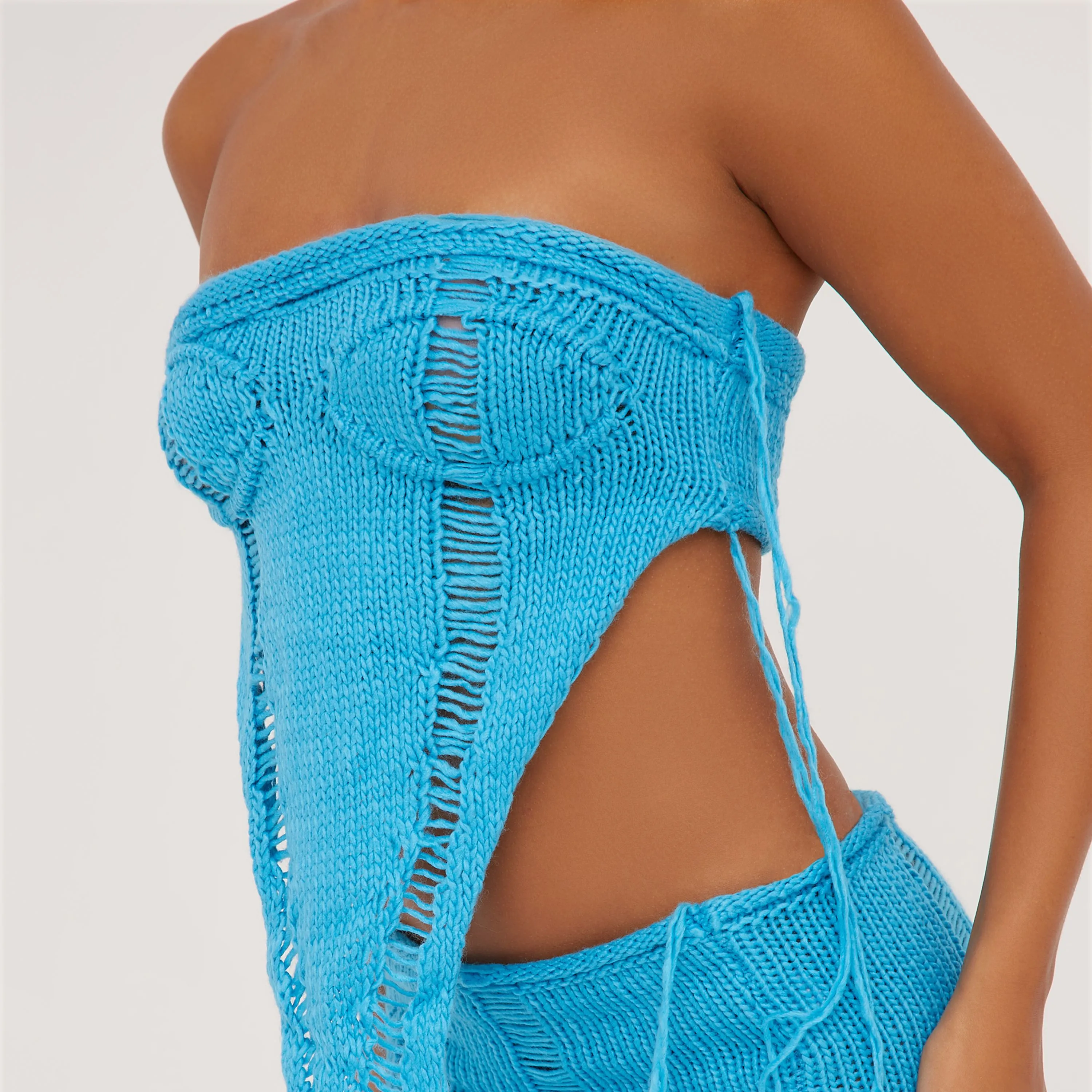 Bandeau Distressed Ladder Detail Pointed Hem Corset Top And Split Leg Mini Skirt Co-Ord Set In Blue Knit