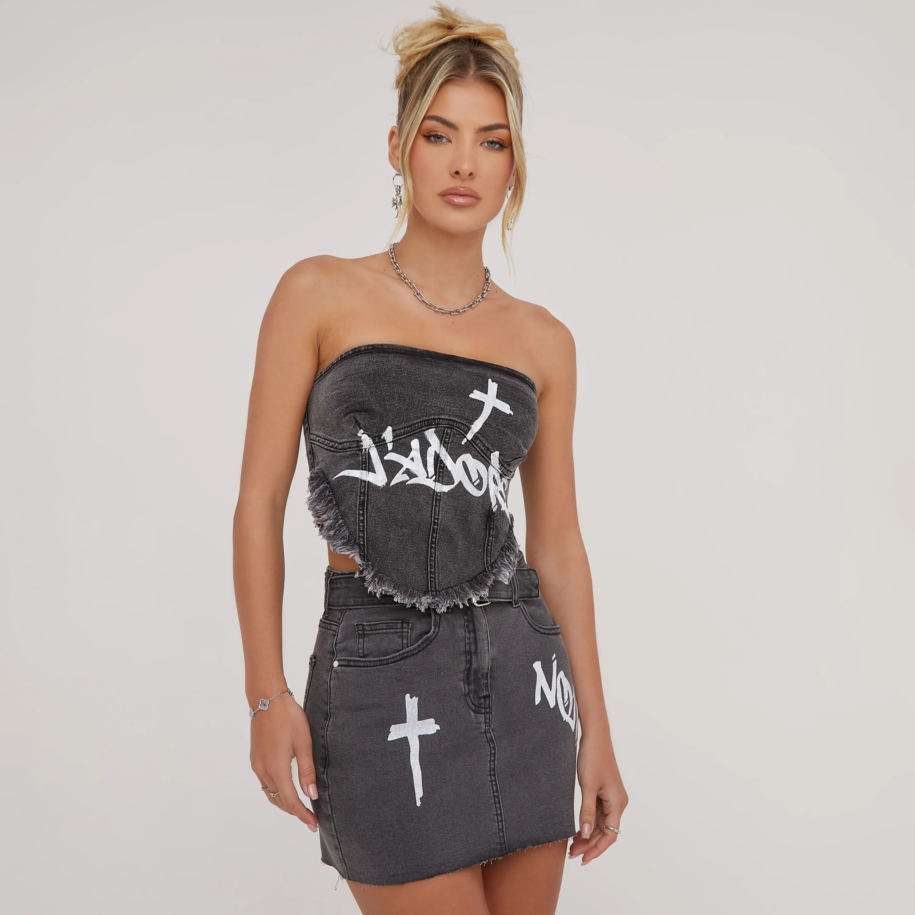 Bandeau Frayed Detail 'J'Adore' Slogan Crucifix Print Corset Top In Washed Black Denim