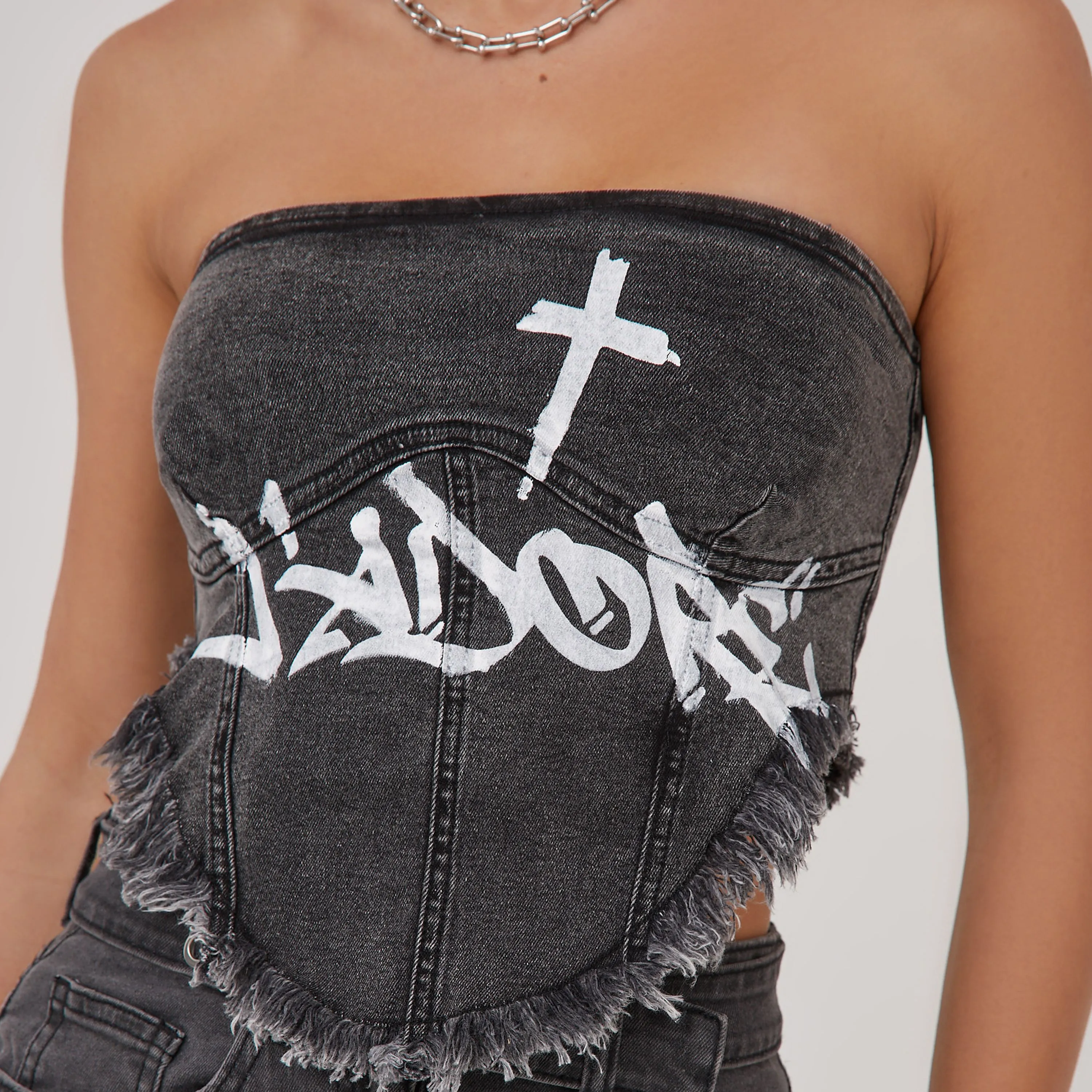 Bandeau Frayed Detail 'J'Adore' Slogan Crucifix Print Corset Top In Washed Black Denim