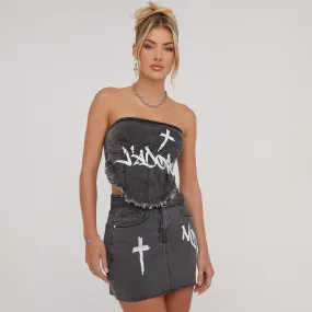 Bandeau Frayed Detail 'J'Adore' Slogan Crucifix Print Corset Top In Washed Black Denim