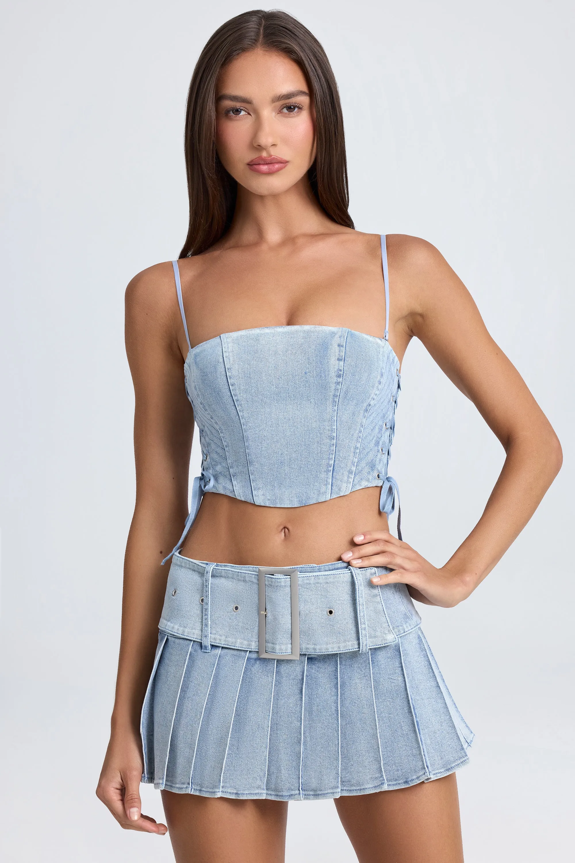 Bandeau Lace-Up Corset Crop Top in Light Blue Stonewash