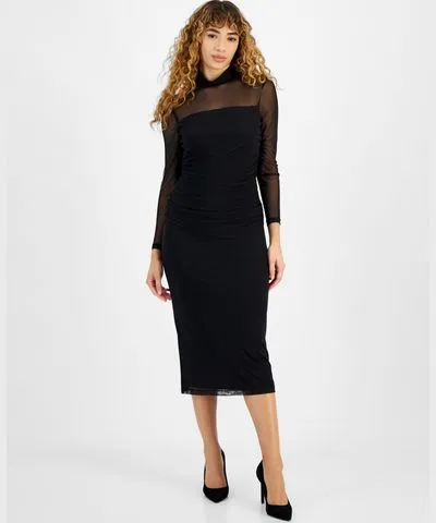 Bar III Women's Long-Sleeve Mesh Turtleneck Dress