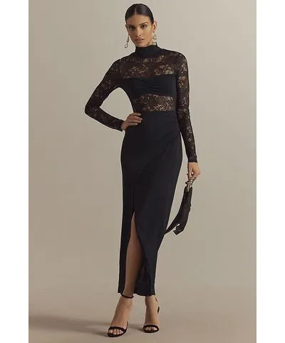 BHLDN Saige Long-Sleeve Turtleneck Sheer Lace Jersey Maxi Dress