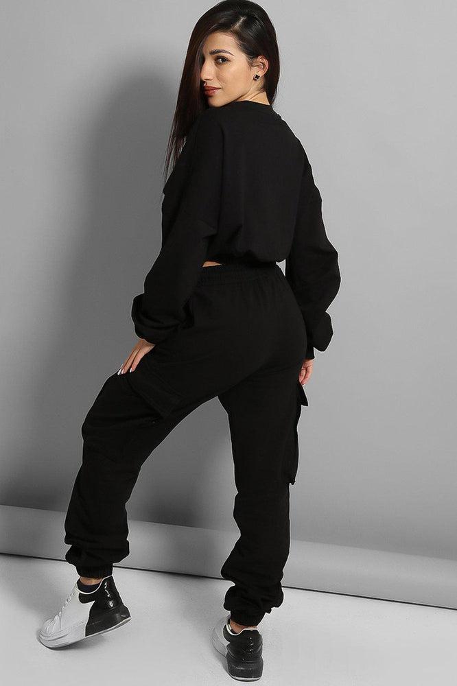 Black Exaggerated Front Pockets Cropped Top Tracksuit