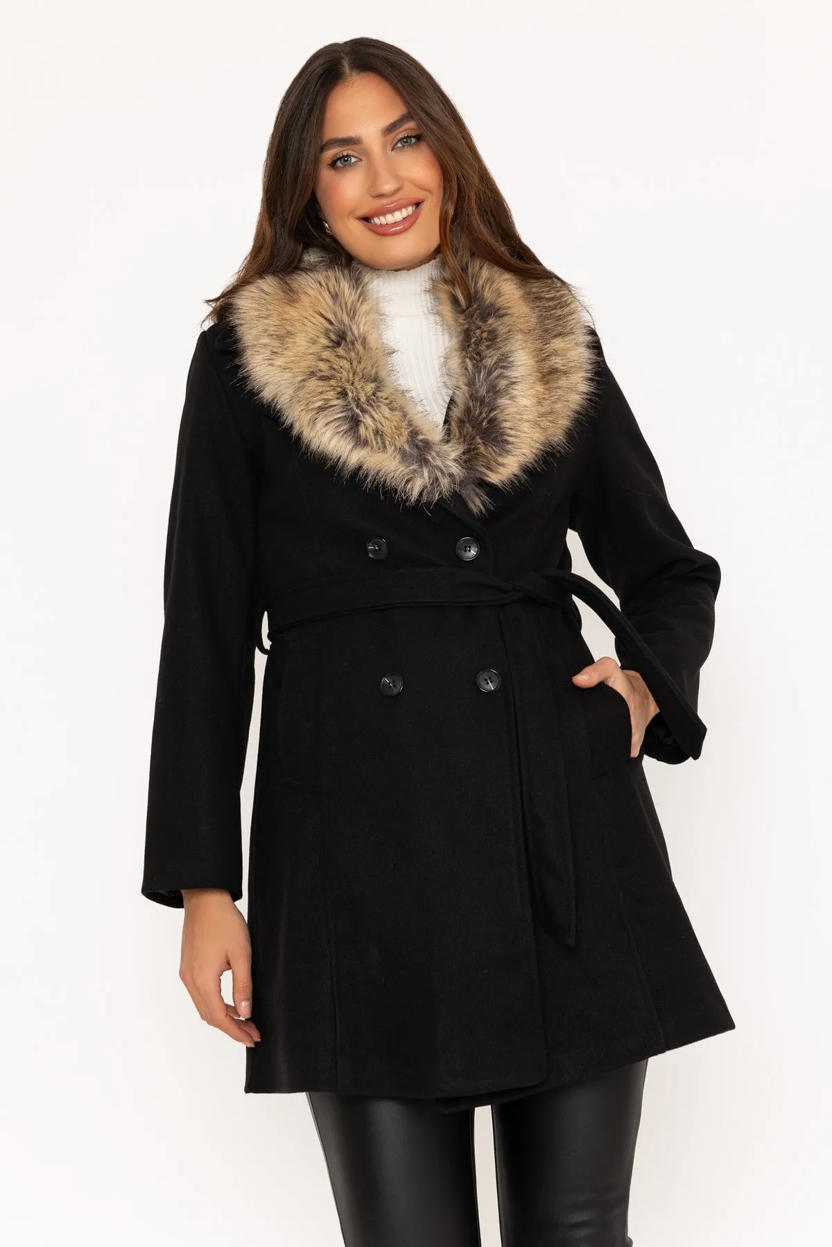 Black Faux Fur Trim Coat