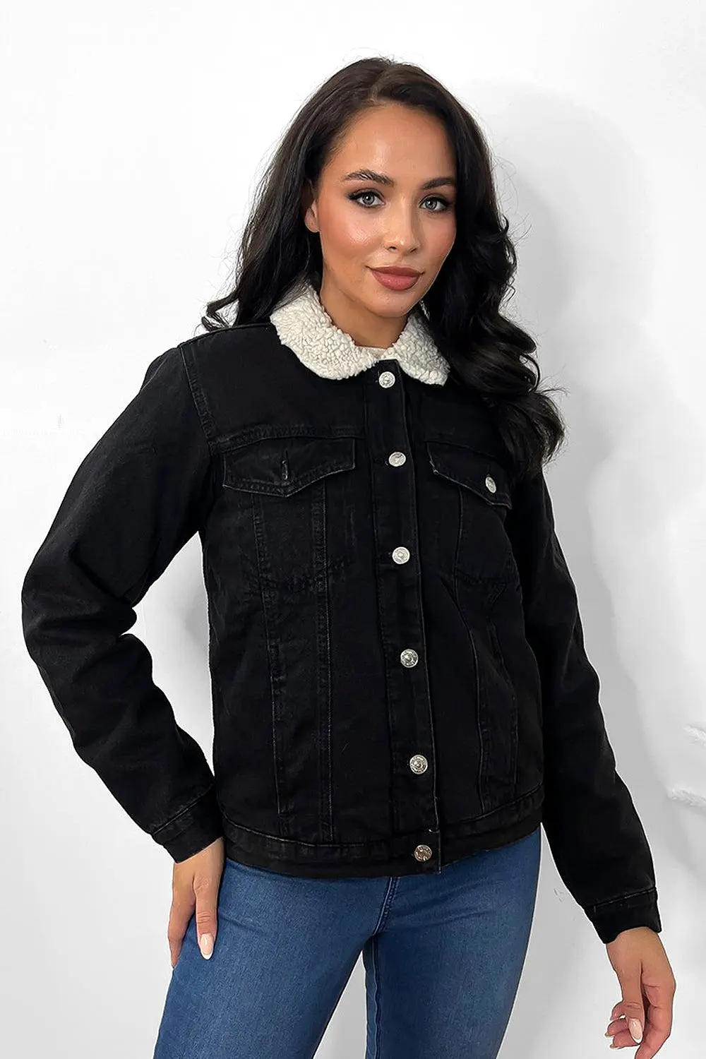 Black Vegan Shearling Denim Jacket