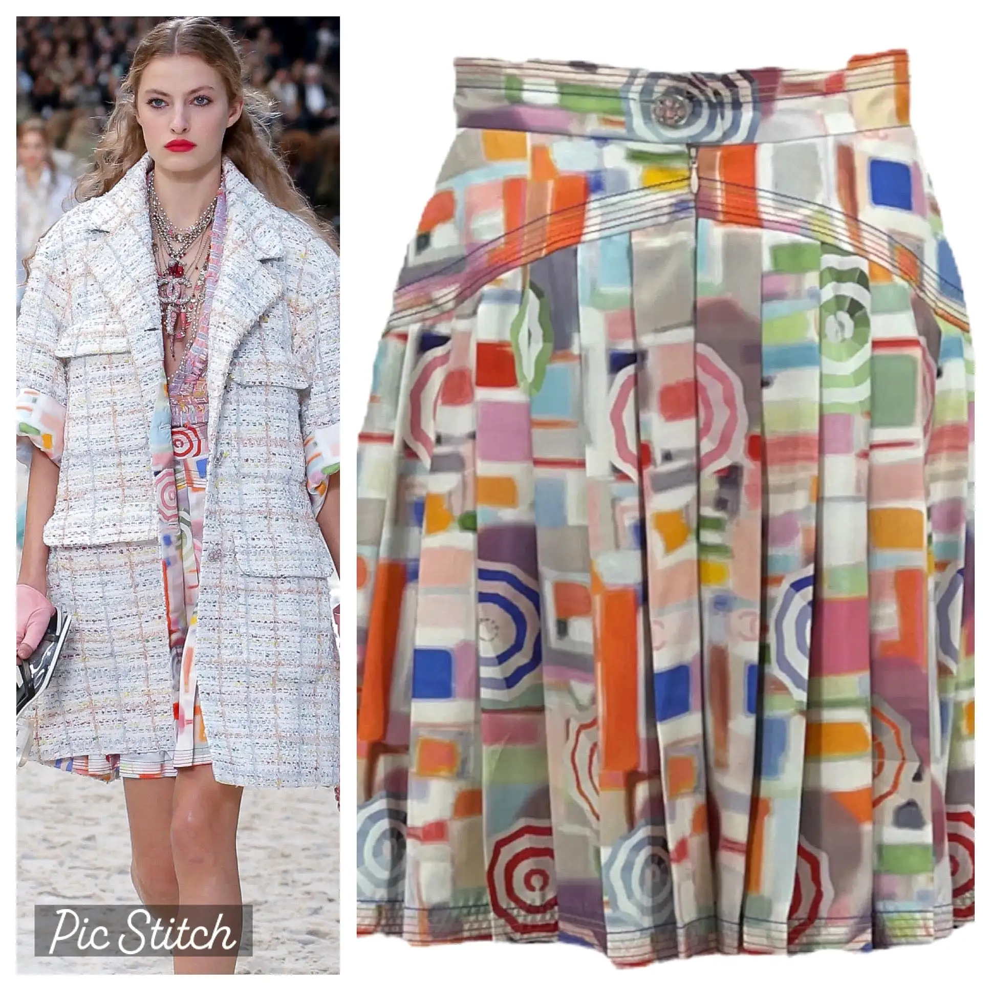 Chanel 19P 2019 Spring Runway Umbrella Motif Silk Multicolor Pleated Skirt FR 42 US 6