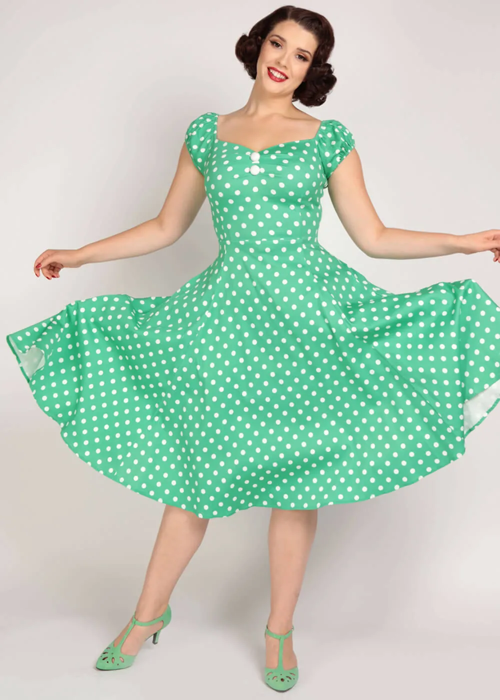 Collectif Dolores Classic Polka 50's Swing Dress Green White