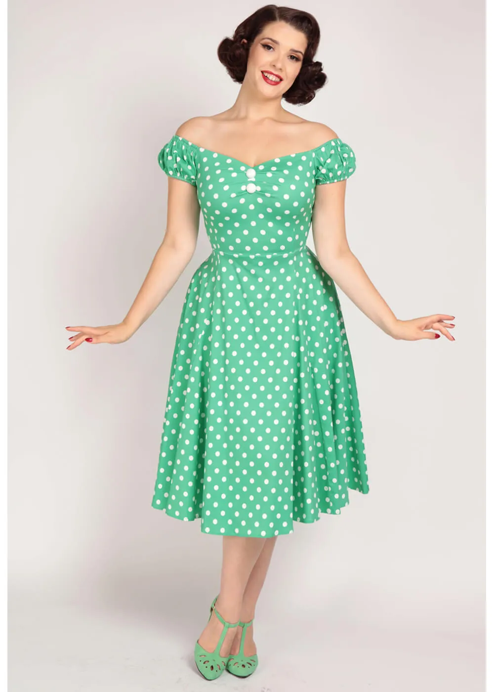 Collectif Dolores Classic Polka 50's Swing Dress Green White