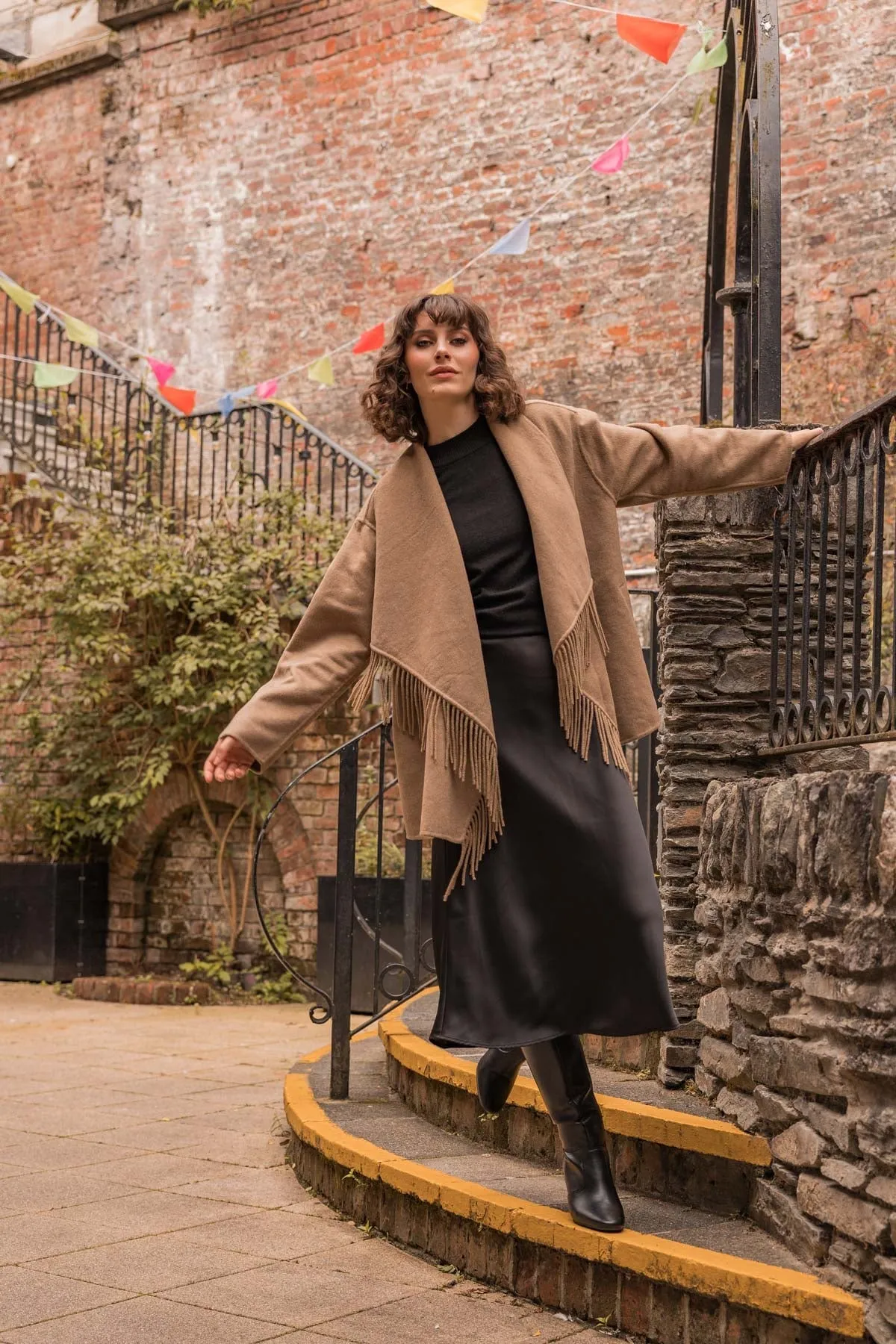 Double Faced Fringe Coat in Camel