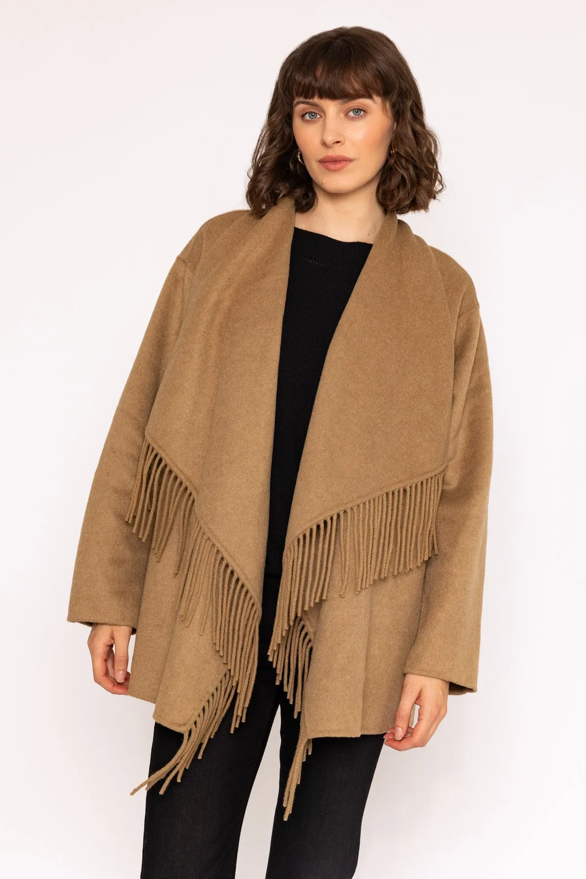 Double Faced Fringe Coat in Camel