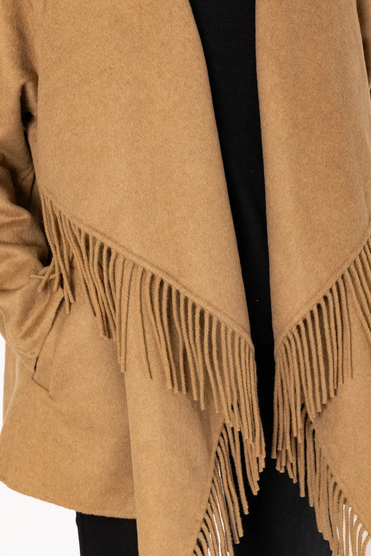 Double Faced Fringe Coat in Camel