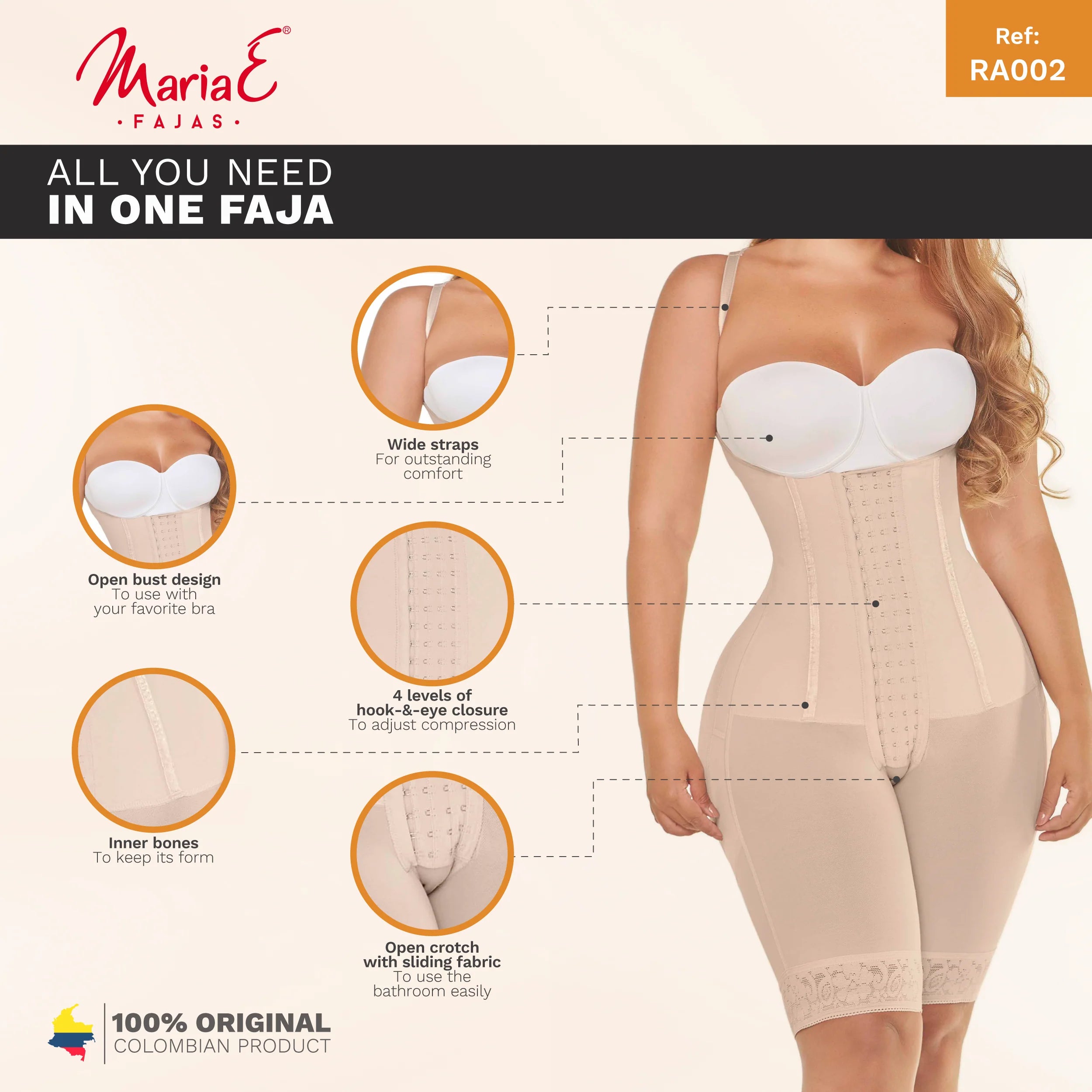 FAJAS MARIAE RA002 | FAJAS COLOMBIANAS OPEN BUST BODYSUIT | MID-THIGH H BUTT LIFTER GIRDLE | POWERNET