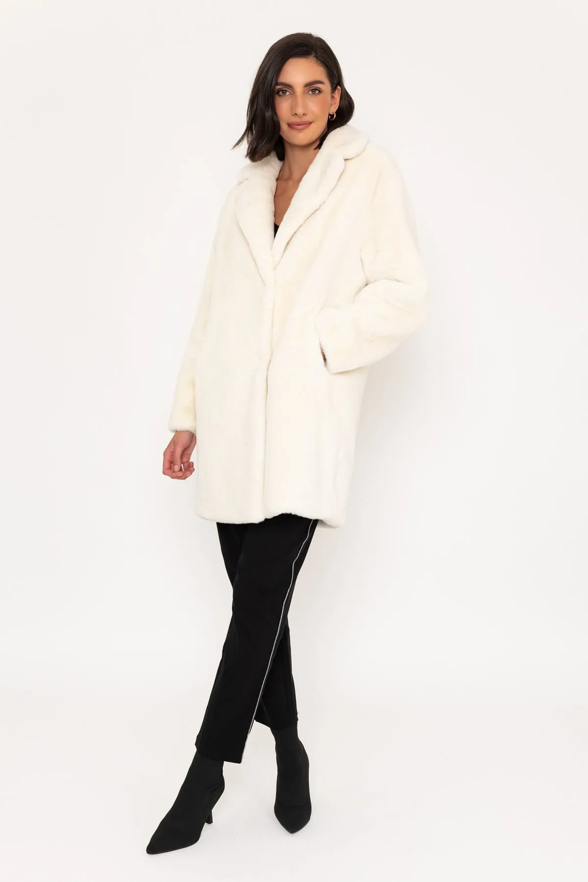 Faux Fur Coat With Lapel in Ivory