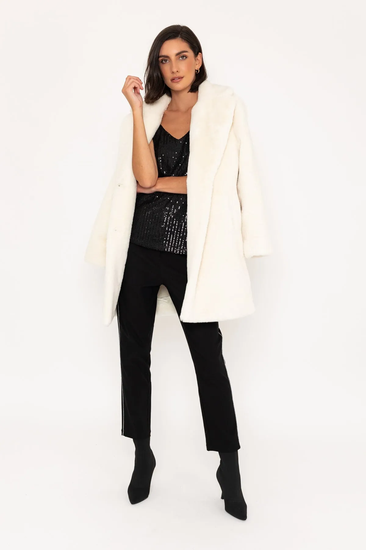 Faux Fur Coat With Lapel in Ivory