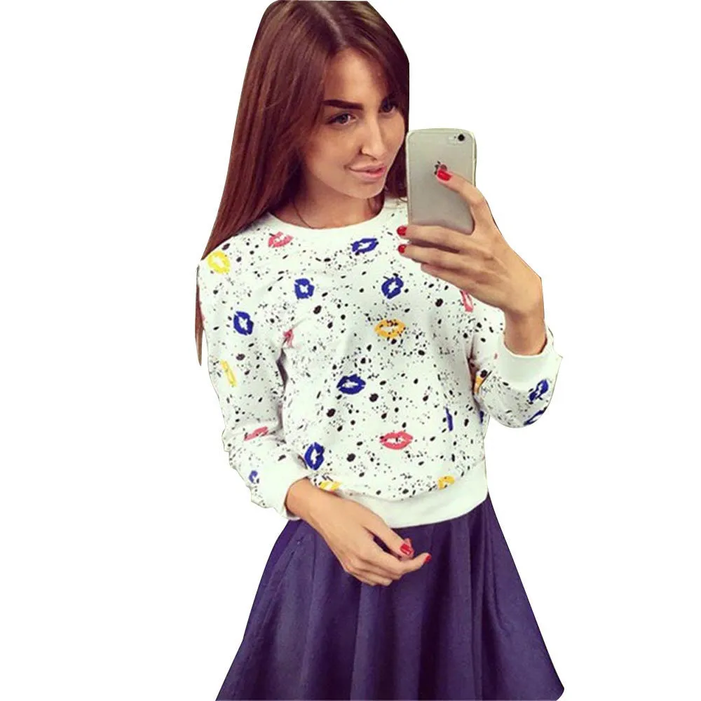 Feida Casual Long Sleeve Floral Lip Pullover Women Pullovers Hoodies Sweatshirt For Ladies