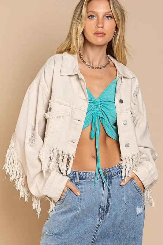 Fringe Distressed Crop Denim Jacket