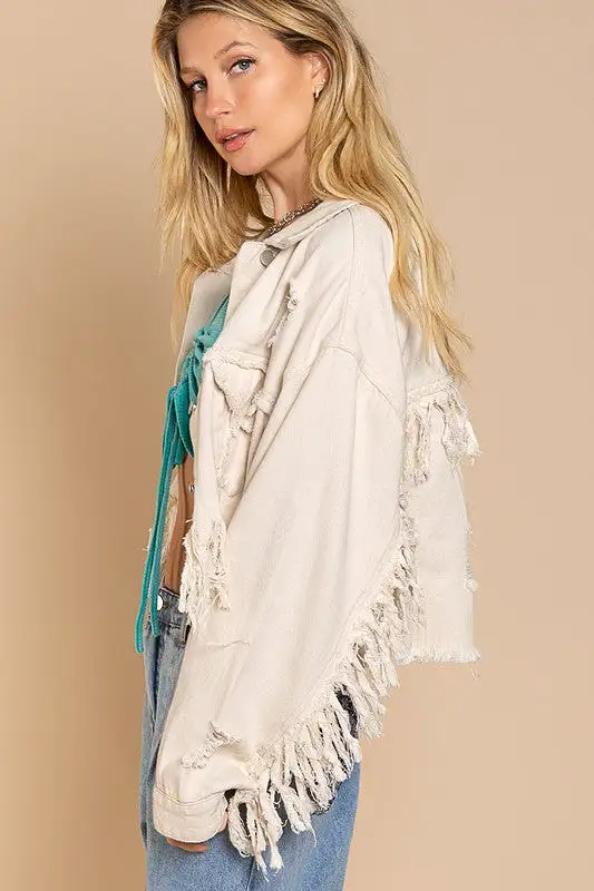 Fringe Distressed Crop Denim Jacket