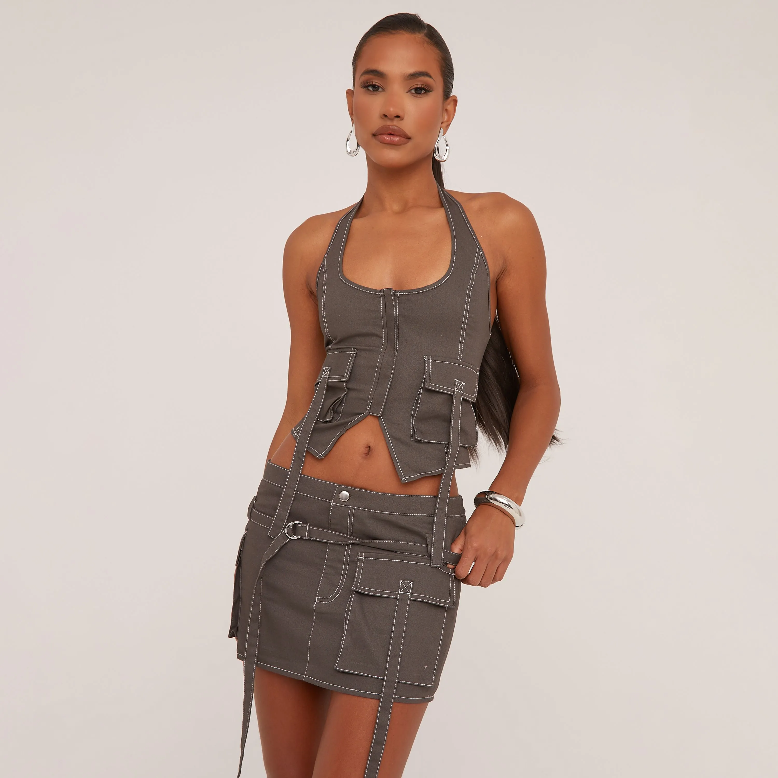 Halterneck Zip Up Multi Pocket Contrast Seam Cargo Corset Top In Grey