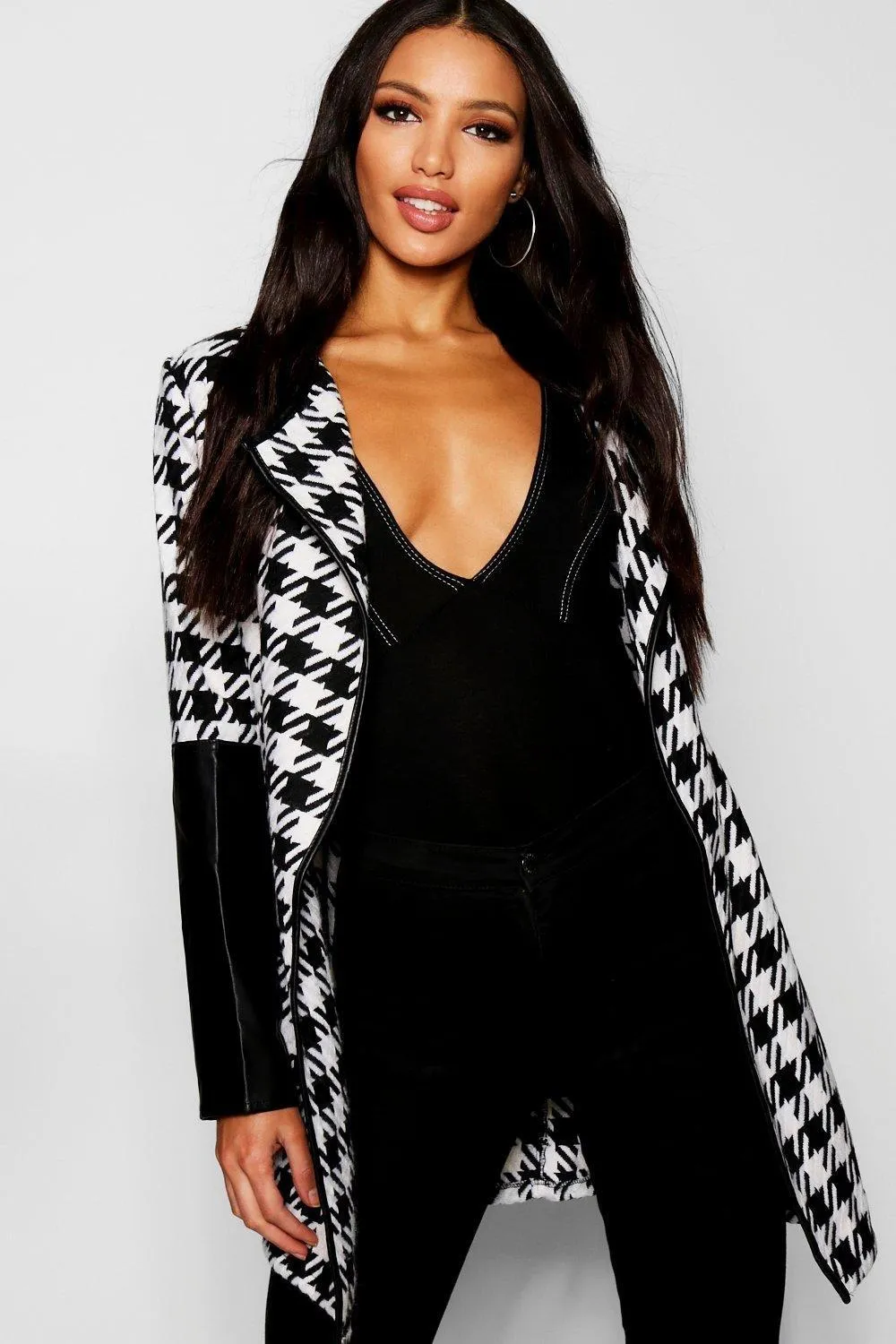 Houndstooth Check Wrap Coat