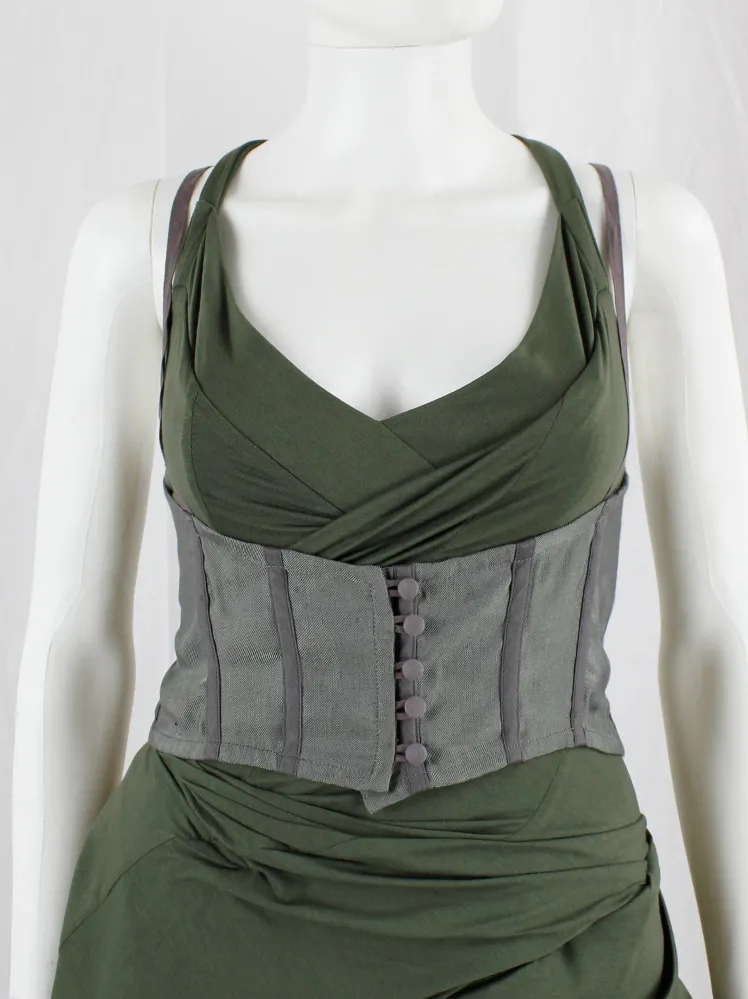 Kaat Tilley green iridescent underbust corset with purple piping and buttons