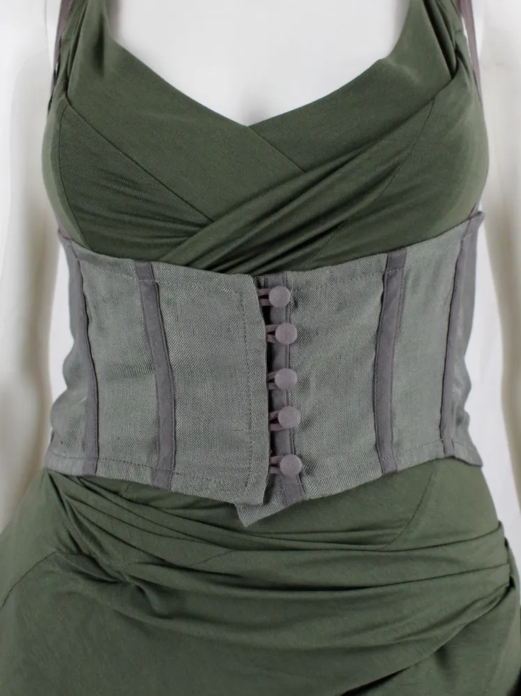 Kaat Tilley green iridescent underbust corset with purple piping and buttons