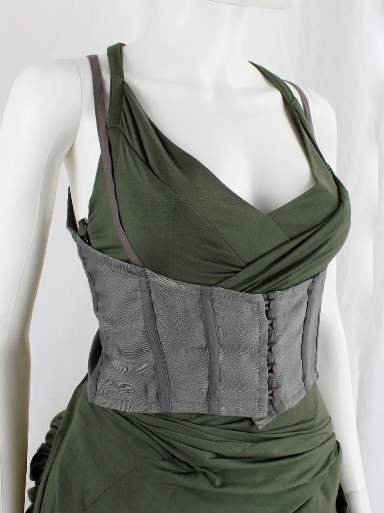 Kaat Tilley green iridescent underbust corset with purple piping and buttons