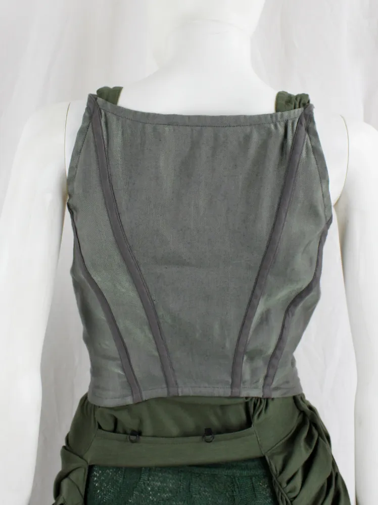 Kaat Tilley green iridescent underbust corset with purple piping and buttons