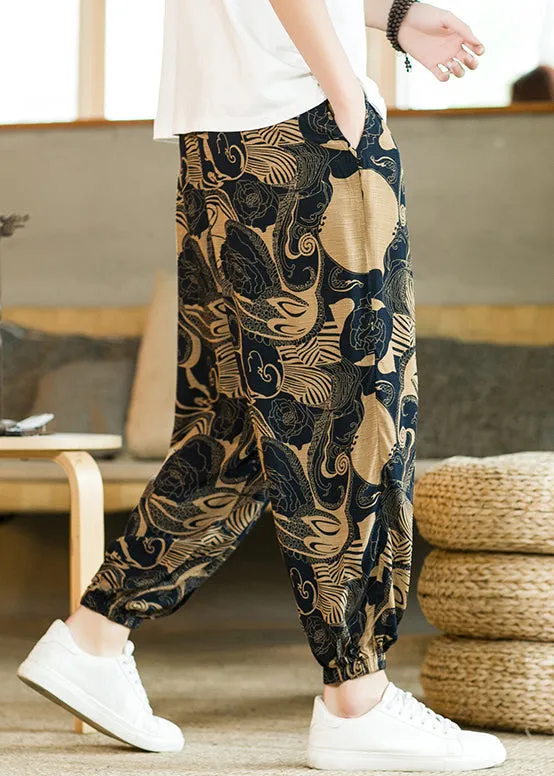 Khaki Print Pockets Cotton Mens Beam Pants Elastic Waist