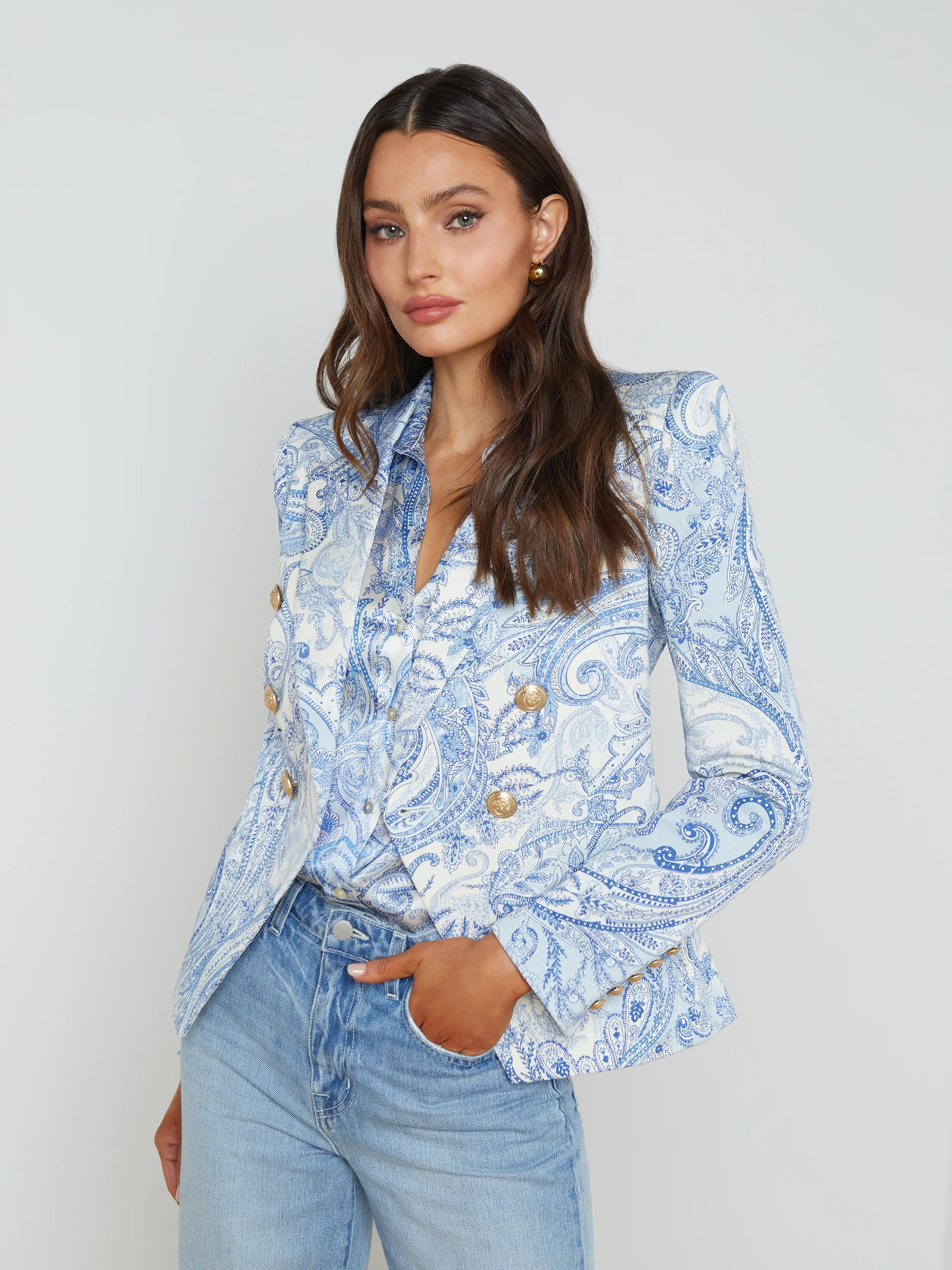 L’agence - Marie Slim Fit Blazer - Ivory/Blue Decorated Paisley