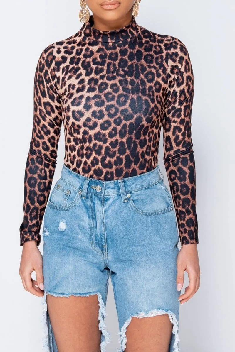 Leopard Print High Neck Long Sleeve Bodysuit