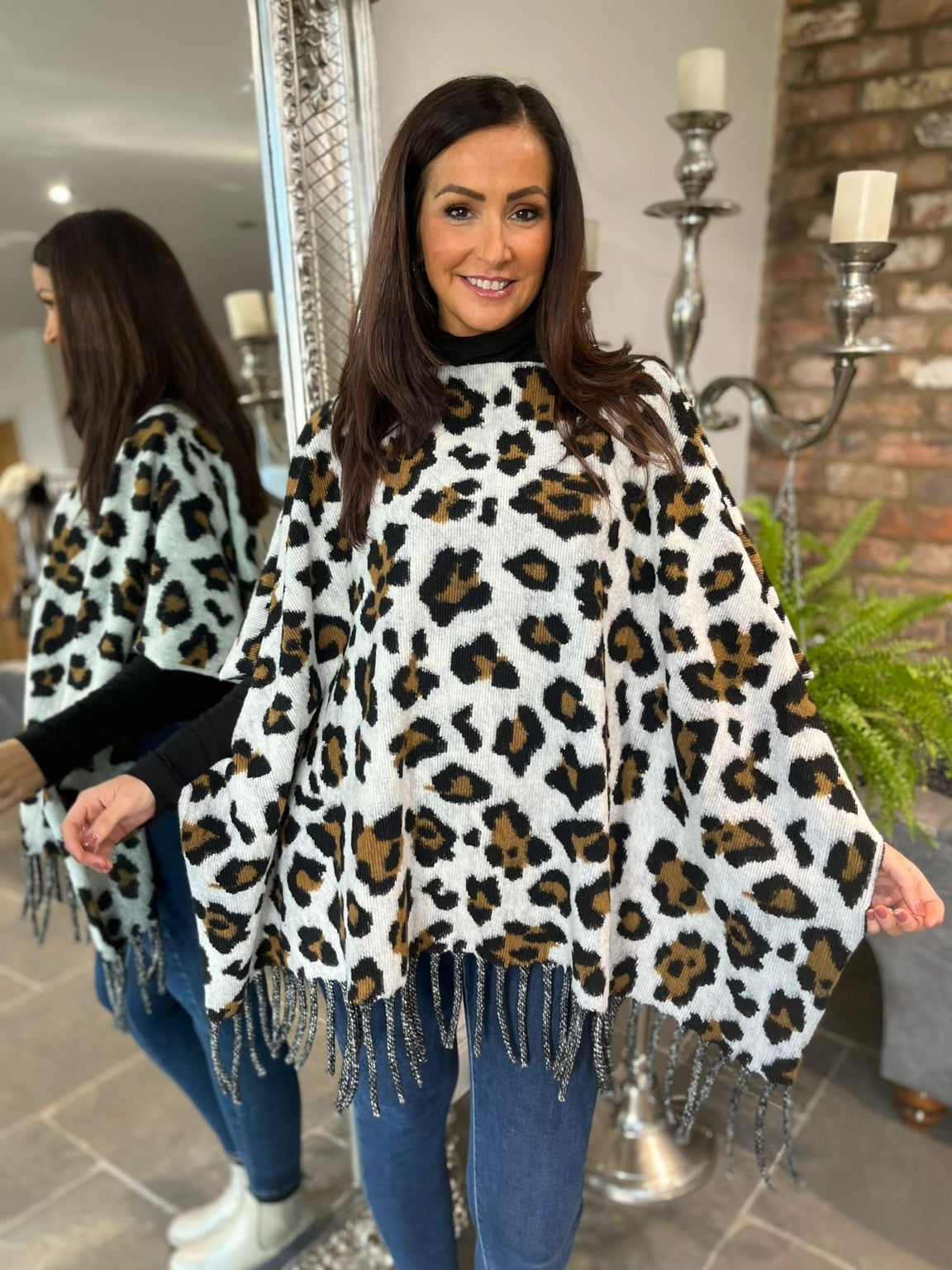 Leopard Print Tassel Hem Poncho