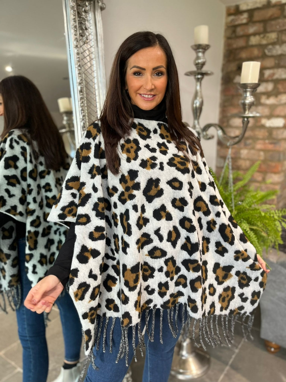 Leopard Print Tassel Hem Poncho