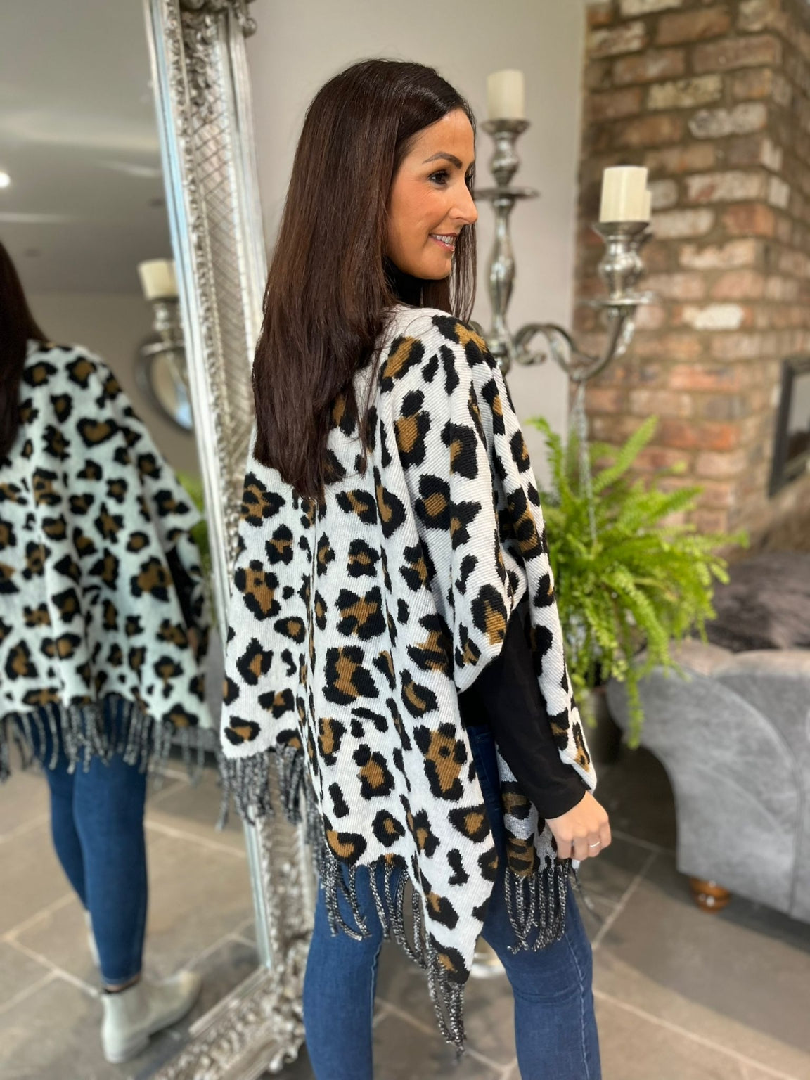 Leopard Print Tassel Hem Poncho