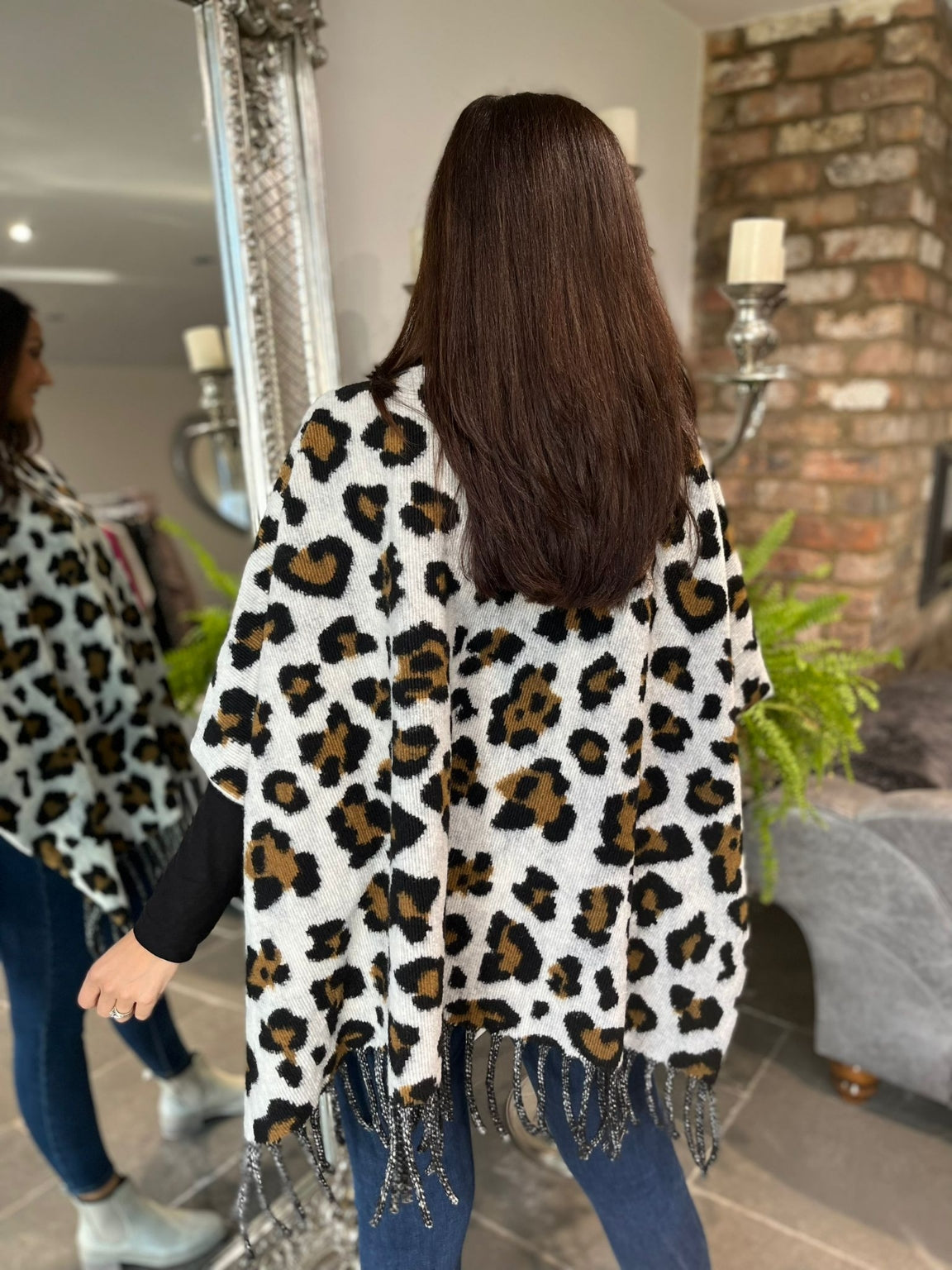 Leopard Print Tassel Hem Poncho