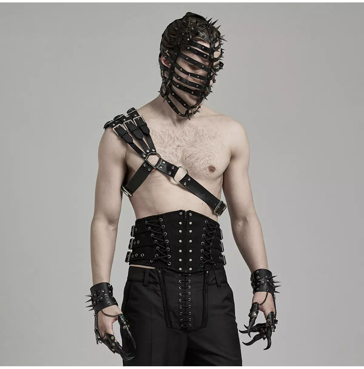 Men's Gothic Leather Body Harness With Spiked Mask and Corset Waist Belt