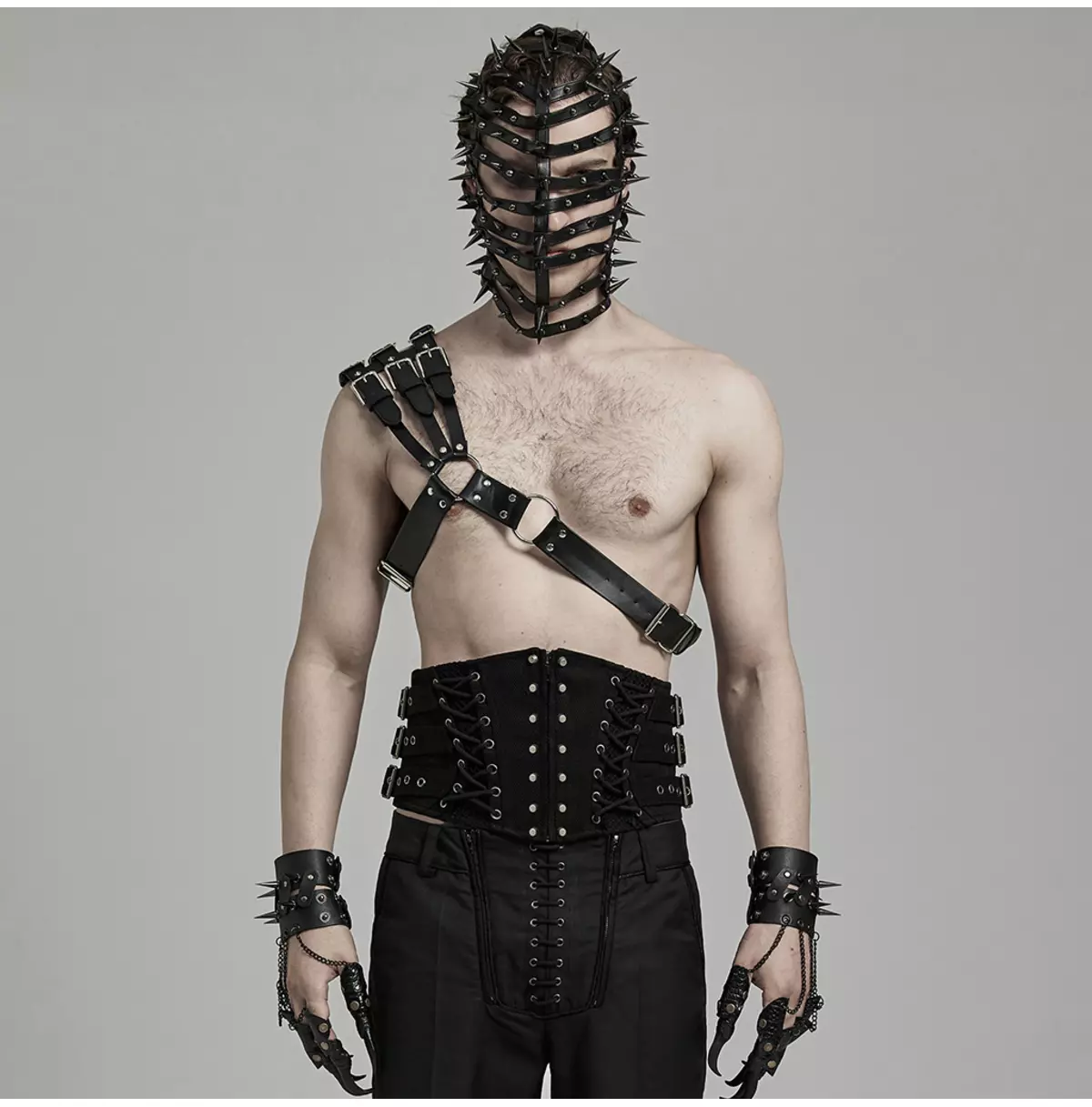 Men's Gothic Leather Body Harness With Spiked Mask and Corset Waist Belt