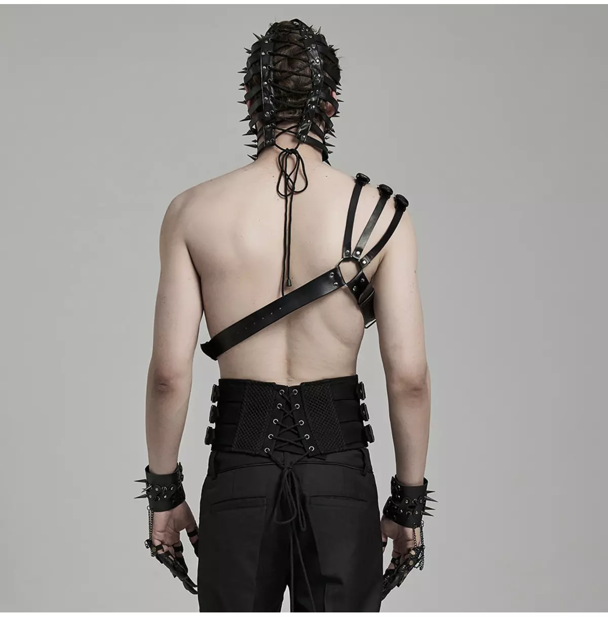 Men's Gothic Leather Body Harness With Spiked Mask and Corset Waist Belt