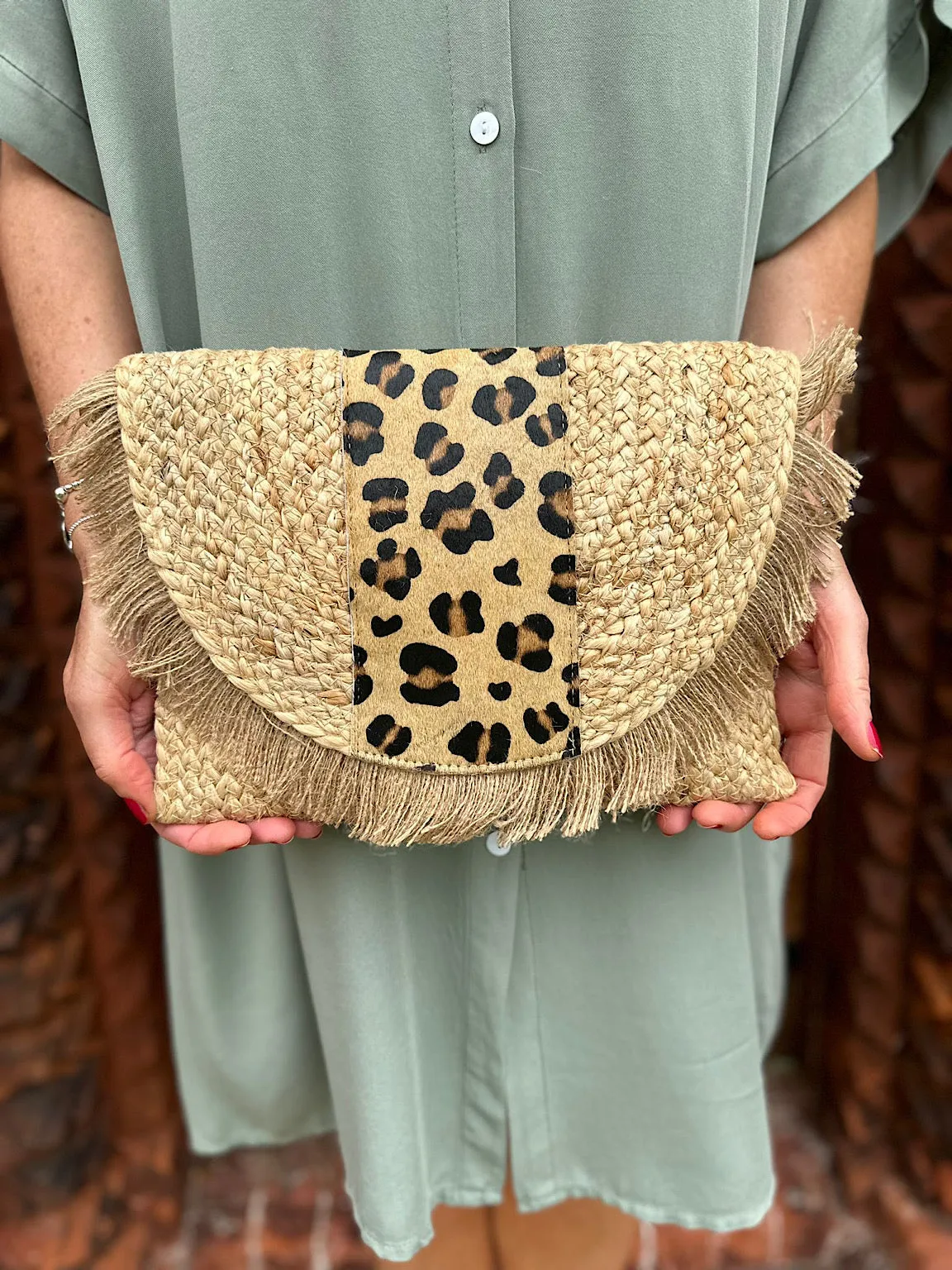 Natural Leopard Accent Fringed Clutch Bag