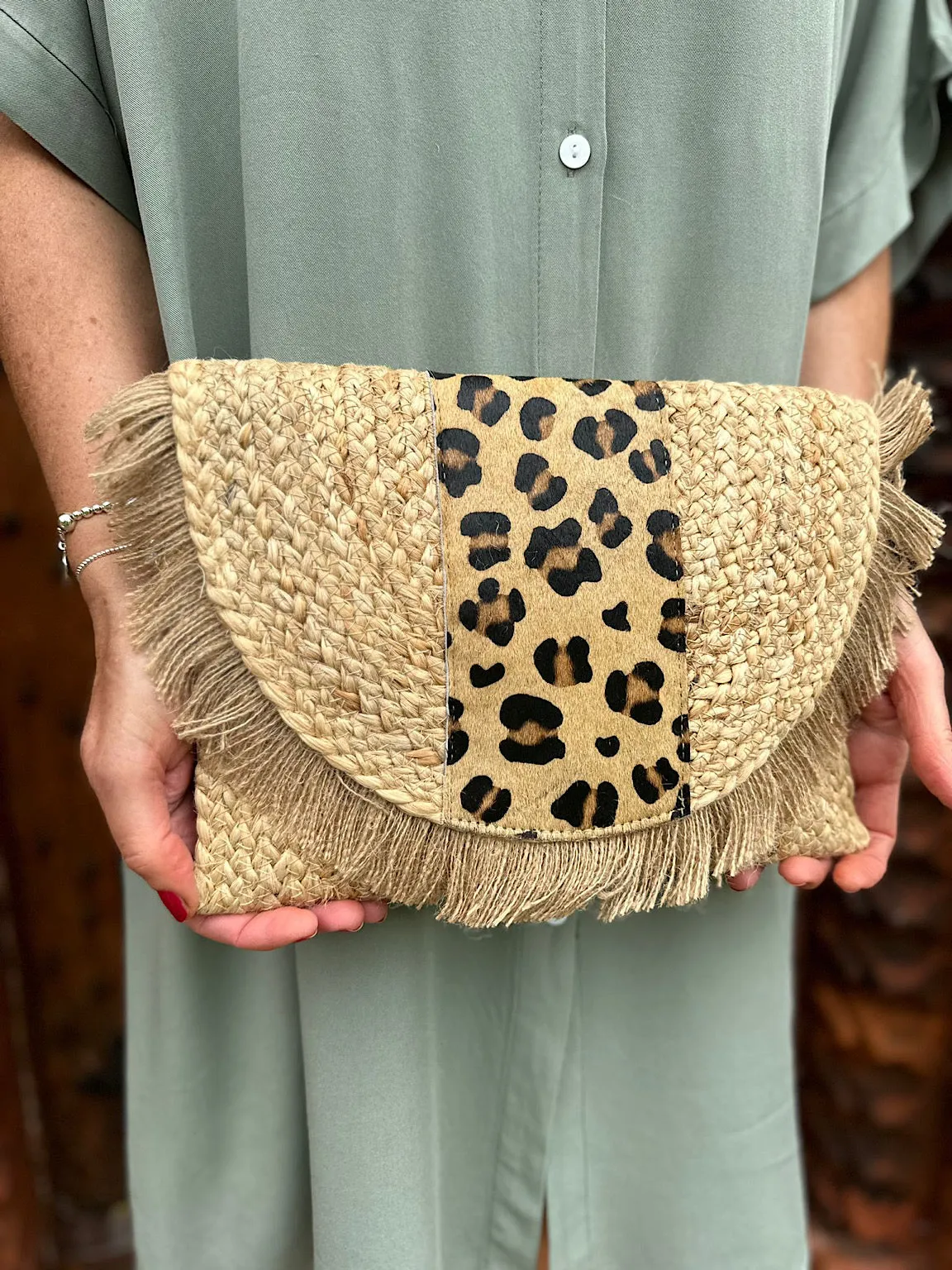 Natural Leopard Accent Fringed Clutch Bag