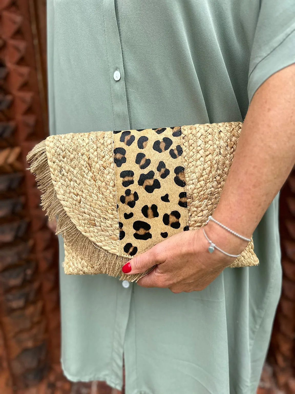 Natural Leopard Accent Fringed Clutch Bag