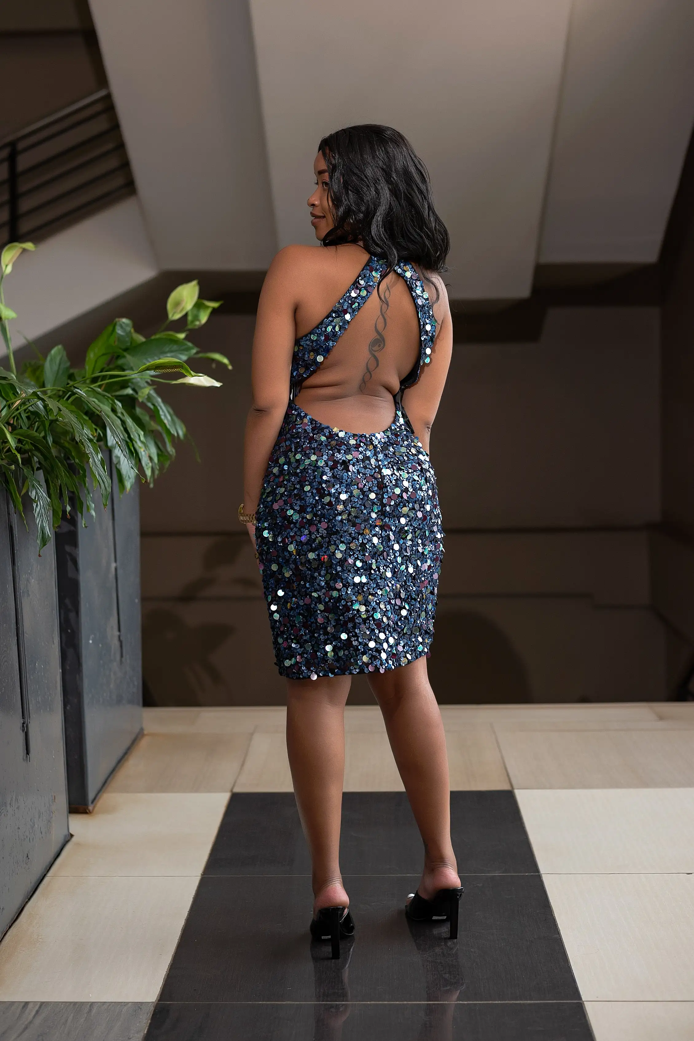 Navy sequence bare back dress