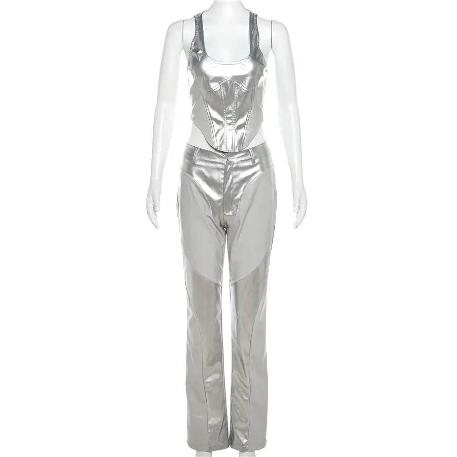 New Arrivals PU Silver 2 Piece Set Women Corset Tops+ Pants Women's Sets Leather 2 Piece Set Women